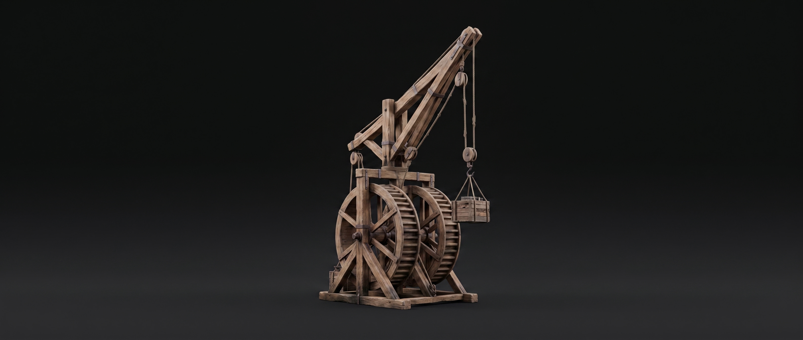 Treadwheel harbor crane concept with timber framing and a stone base